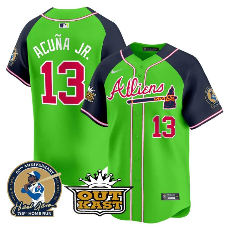 Men's Ronald Acuna Jr Jersey #13 Atlanta Braves Atliens Hank Aaron Patch Limited Stitched Green Alternate
