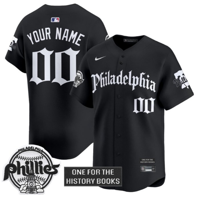 Custom Phillies Jersey Retro Newspaper Edition Vapor Premier Limited Stitched Black