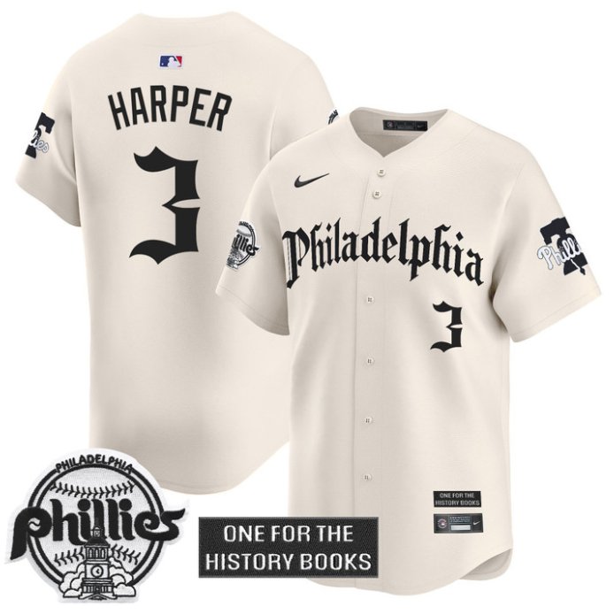 Men's Bryce Harper Jersey #3 Phillies Retro Newspaper Edition Vapor Premier Limited Stitched Cream