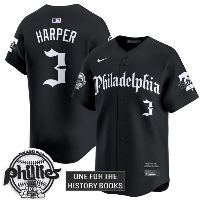 Men's Bryce Harper Jersey #3 Phillies Retro Newspaper Edition Vapor Premier Limited Stitched Black
