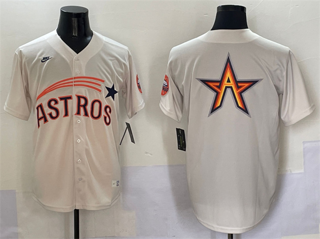 Men's Houston Astros Team Big Logo Cream Throwback Cooperstown Collection Limited Stitched Jersey