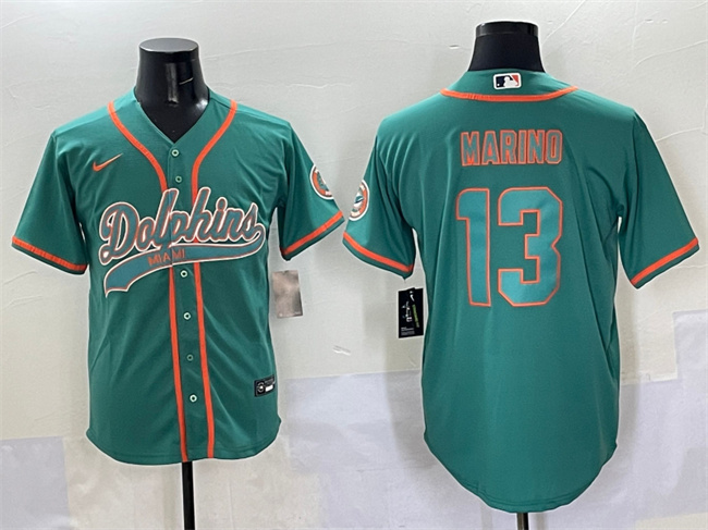 Men's Miami Dolphins #13 Dan Marino Aqua Cool Base Stitched Baseball Jersey