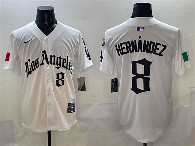 Men's Los Angeles Dodgers #8 Enrique Hernandez White Mexico 2025 LA Gothic Style With Fernando Patch Vapor Premier Limited Stitched Baseball Jersey