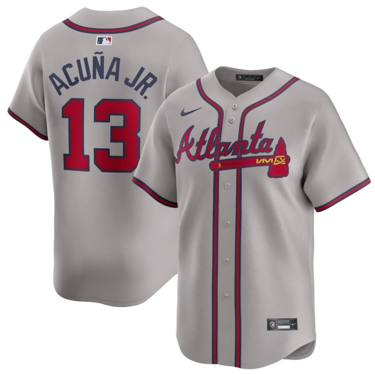 Men's Atlanta Braves #13 Ronald Acuna Jr Gray Away Limited Stitched MLB Jersey