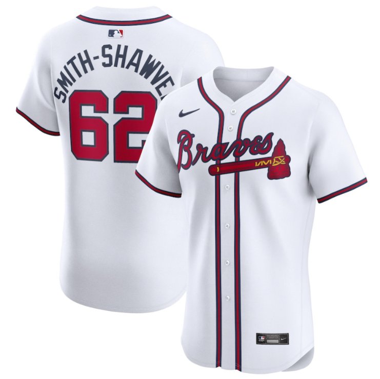 Men's Atlanta Braves #62 AJ Smith-Shawver Nike White Home Stitched MLB Flex Base Jersey