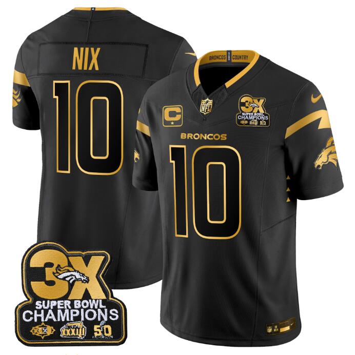 Men's Denver Broncos #10 Bo Nix Black Gold F.U.S.E. 3-Time Champions Patch And 1-star C Patch Vapor Limited Stitched Football Jersey