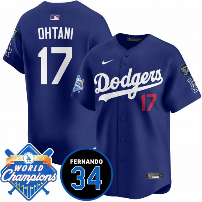 Youth Los Angeles Dodgers #17 Shohei Ohtani Royal 2024 World Champions & Fernando Memorial Patch Vapor Premier Limited Stitched Baseball Jersey