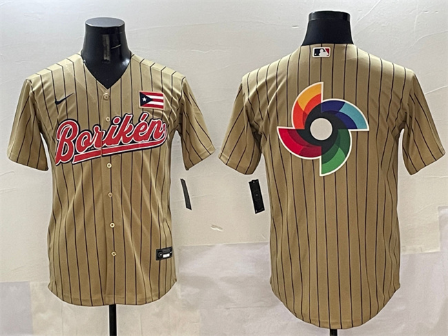 Men's Puerto Rico Baseball Tan 2023 World Baseball Classic Team Big Logo Stitched Jerseys
