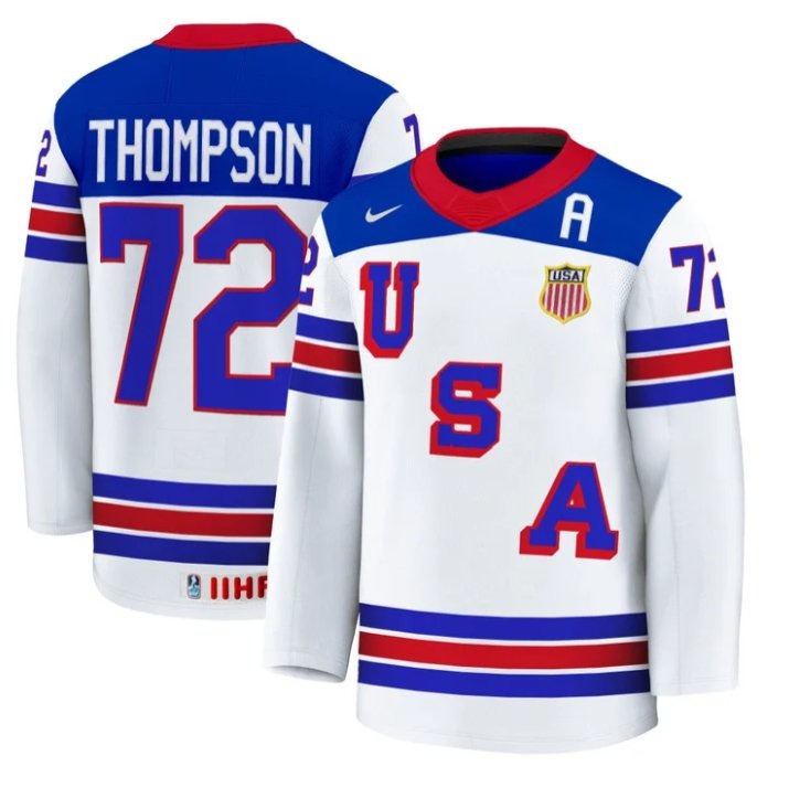 Men's USA Nike Olympic Hockey #72 Tage Thompson White 2025 Premium Stitched Jersey