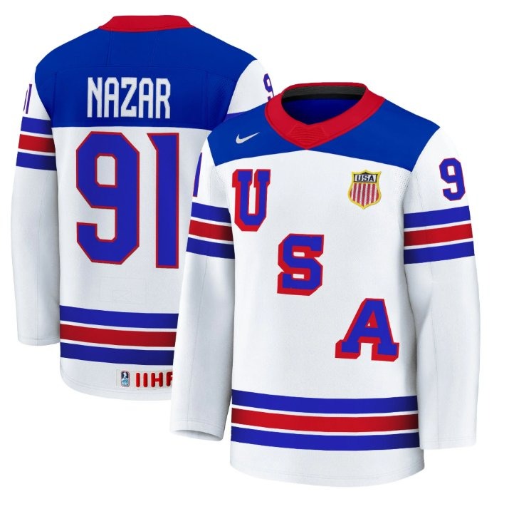 Men's USA Nike Olympic Hockey #91 Frank Nazar White 2025 Premium Stitched Jersey