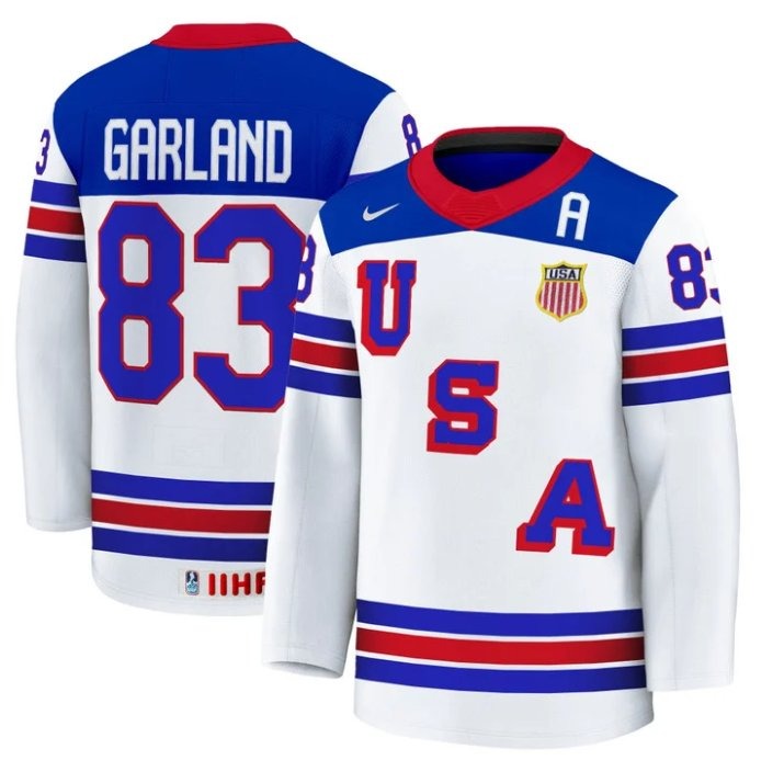 Men's USA Nike Olympic Hockey #83 Conor Garland White 2025 Premium Stitched Jersey