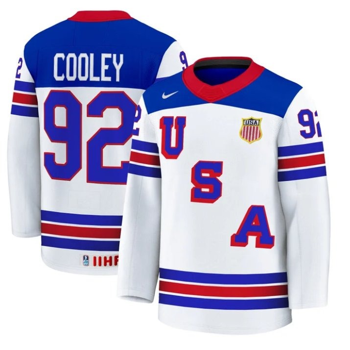 Men's USA Nike Olympic Hockey #92 Logan Cooley White 2025 Premium Stitched Jersey