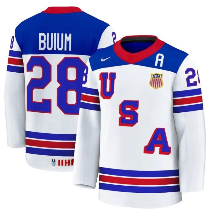Men's USA Nike Olympic Hockey #28 Zeev Buium White 2025 Premium Stitched Jersey