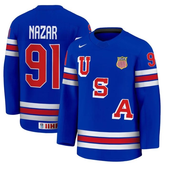 Men's USA Nike Olympic Hockey #91 Frank Nazar Blue 2025 Premium Stitched Jersey