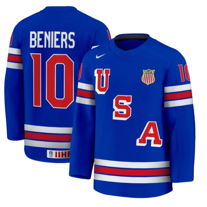 Men's USA Nike Olympic Hockey #10 Matty Beniers Blue 2025 Premium Stitched Jersey
