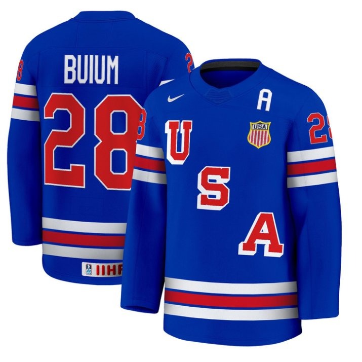 Men's USA Nike Olympic Hockey #28 Zeev Buium Blue 2025 Premium Stitched Jersey