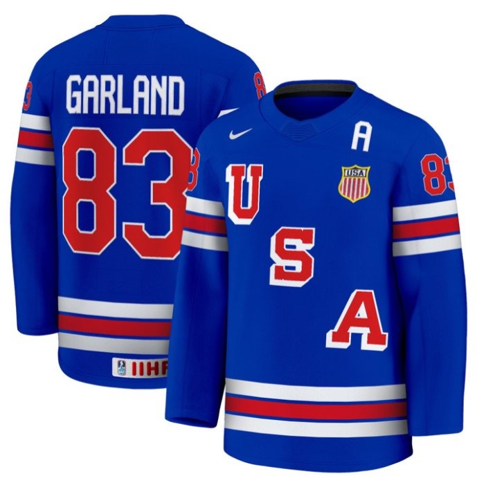Men's USA Nike Olympic Hockey #83 Conor Garland Blue 2025 Premium Stitched Jersey