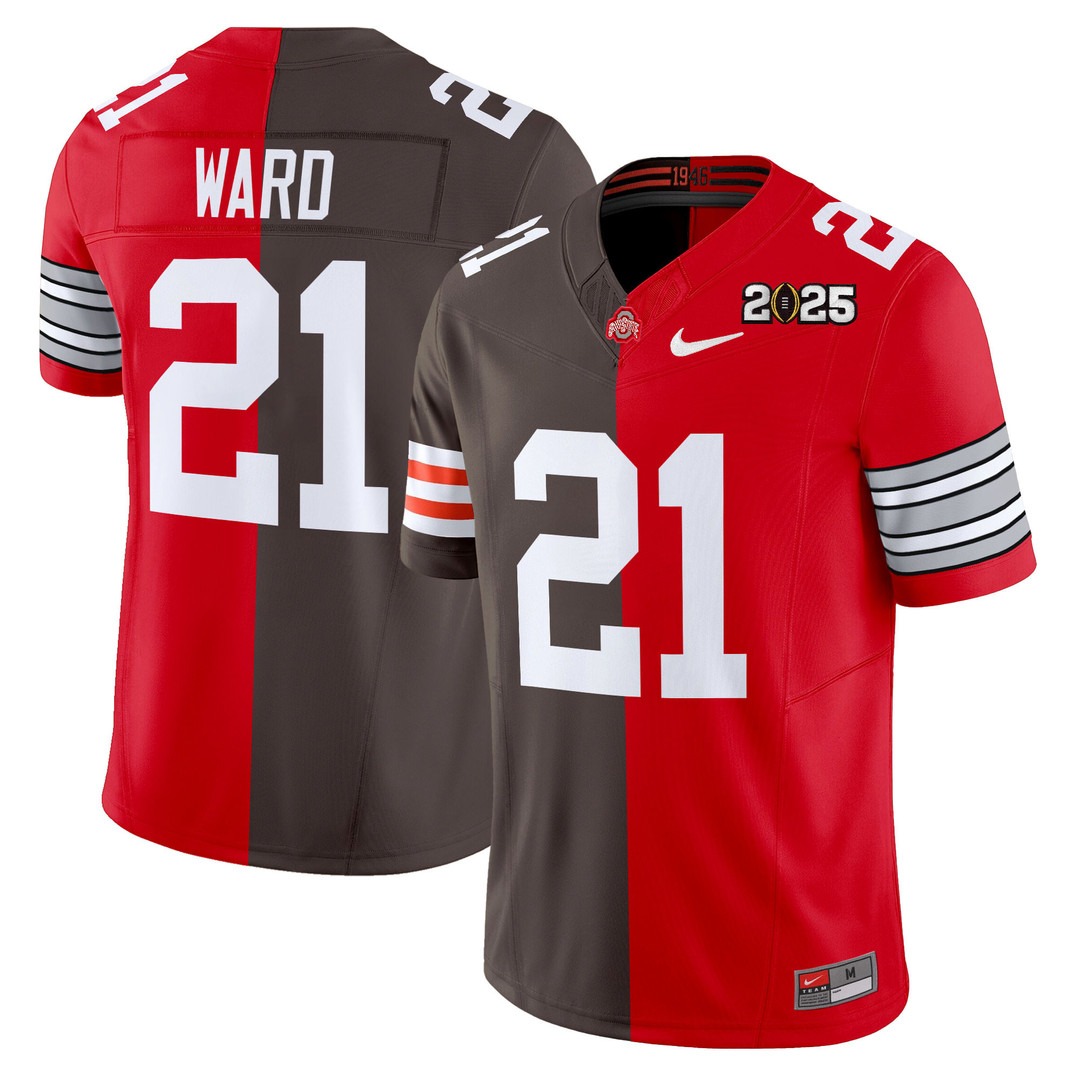 Men's Ohio State Buckeyes x Cleveland Browns #21 Denzel Ward Split Vapor Limited Jersey - All Stitched