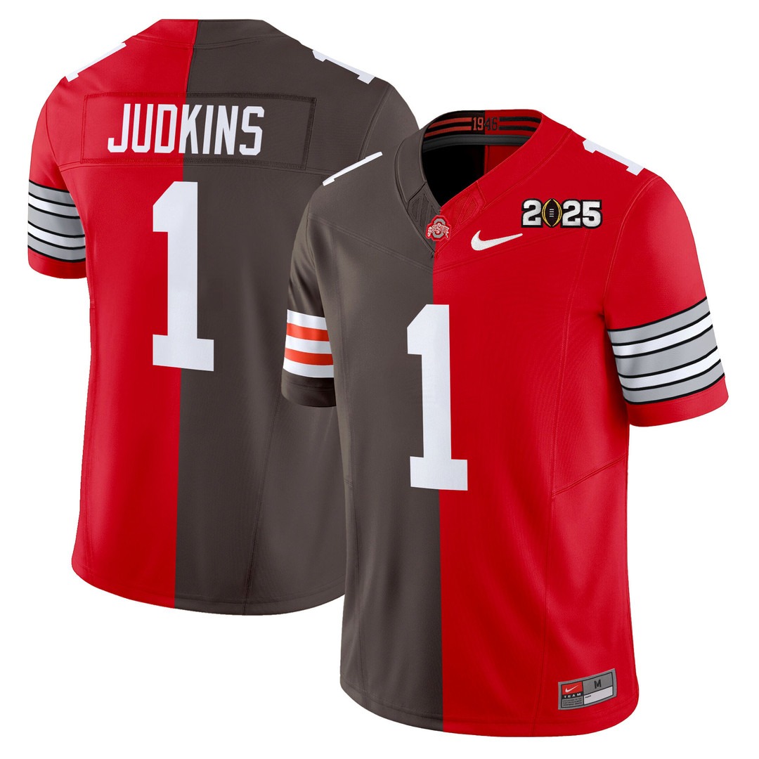 Men's Ohio State Buckeyes x Cleveland Browns #1 Quinshon Judkins Split Vapor Limited Jersey - All Stitched