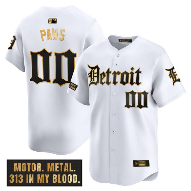 Men's Tigers #00 Paws Nike White 'Motor Gothic Edition' Gold MLB Baseball Limited Jersey - All Stitched