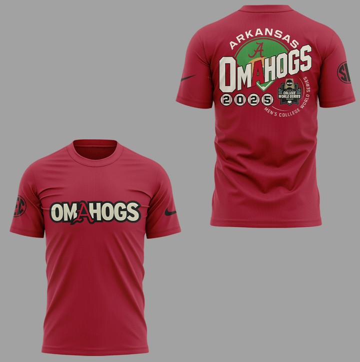 Omahogs Nike Arkansas Razorbacks Red 2025 NCAA MCWS T-Shirt - Printed