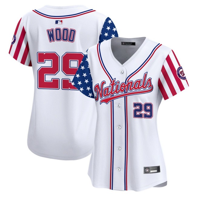 Women's Nationals #29 James Wood Nike White 2025 Independence Day MLB Baseball Limited Jersey - All Stitched