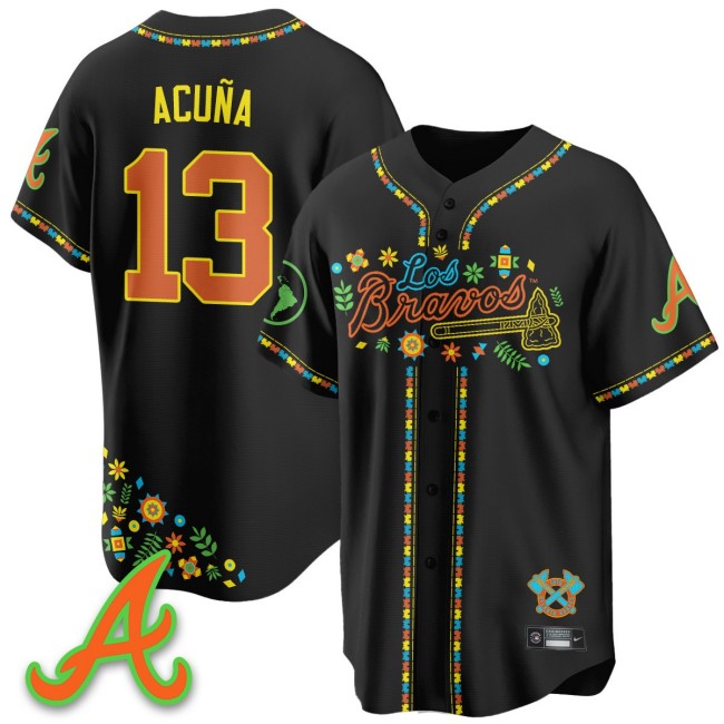 Men's Atlanta Braves #13 Ronald Acuna Jr. Nike Black 2025 'Los Bravos' Baseball Jersey - All Stitched