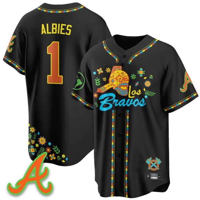 Men's Atlanta Braves #1 Ozzie Albies Nike Black 2025 'Los Bravos' Baseball Jersey V2 - All Stitched