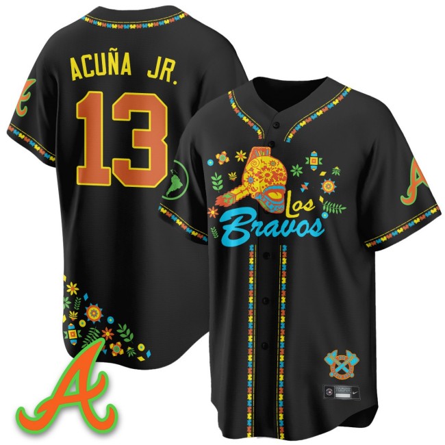 Men's Atlanta Braves #13 Ronald Acuna Jr. Nike Black 2025 'Los Bravos' Baseball Jersey V2 - All Stitched