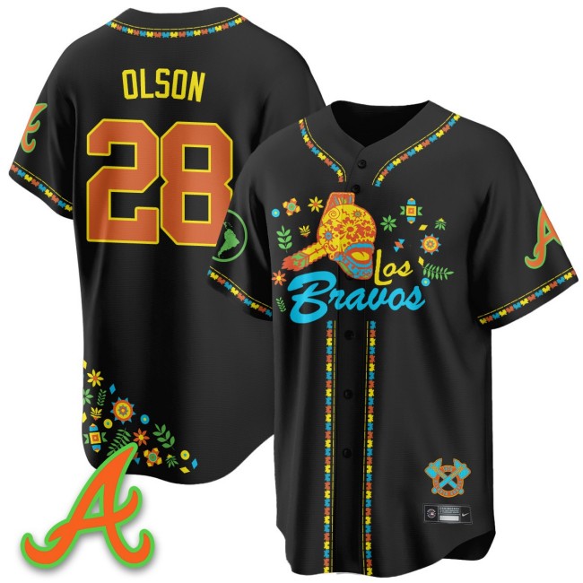 Men's Atlanta Braves #28 Matt Olson Nike Black 2025 'Los Bravos' Baseball Jersey V2 - All Stitched