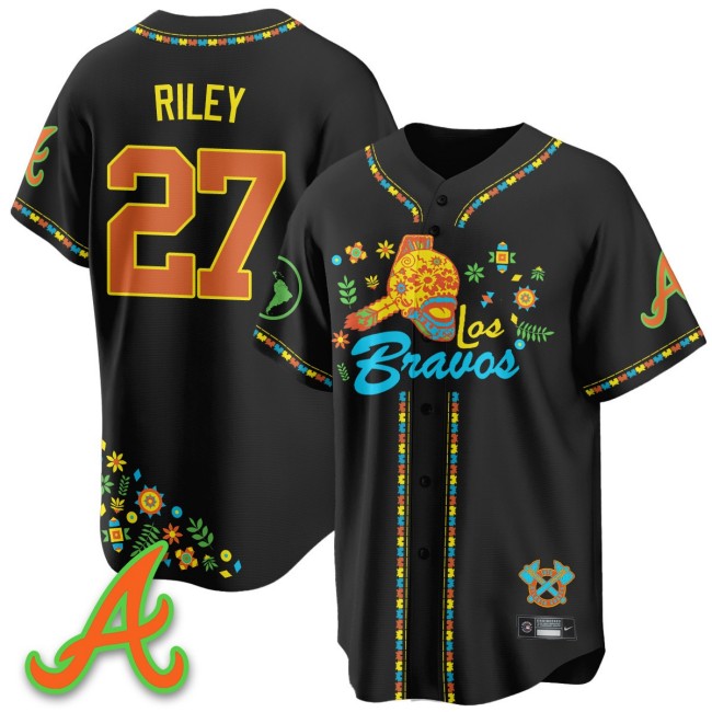 Men's Atlanta Braves #27 Austin Riley Nike Black 2025 'Los Bravos' Baseball Jersey V2 - All Stitched