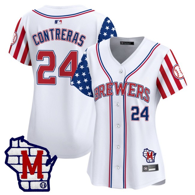 Women's MIL Brewers #24 William Contreras Nike White 2025 Independence Day MLB Baseball Limited Jersey - All Stitched