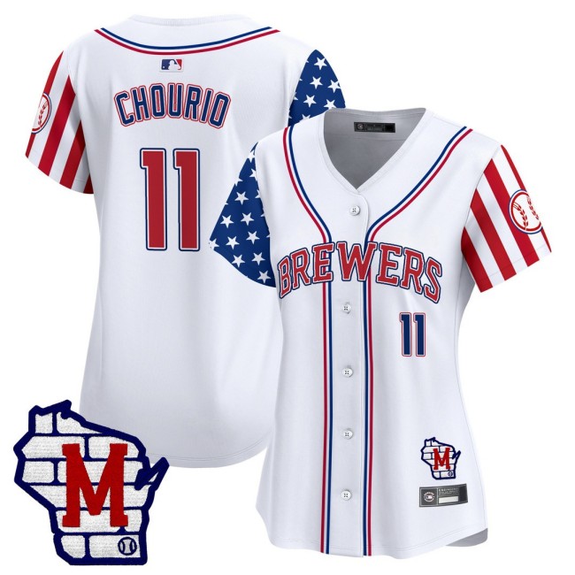 Women's MIL Brewers #11 Jackson Chourio Nike White 2025 Independence Day MLB Baseball Limited Jersey - All Stitched