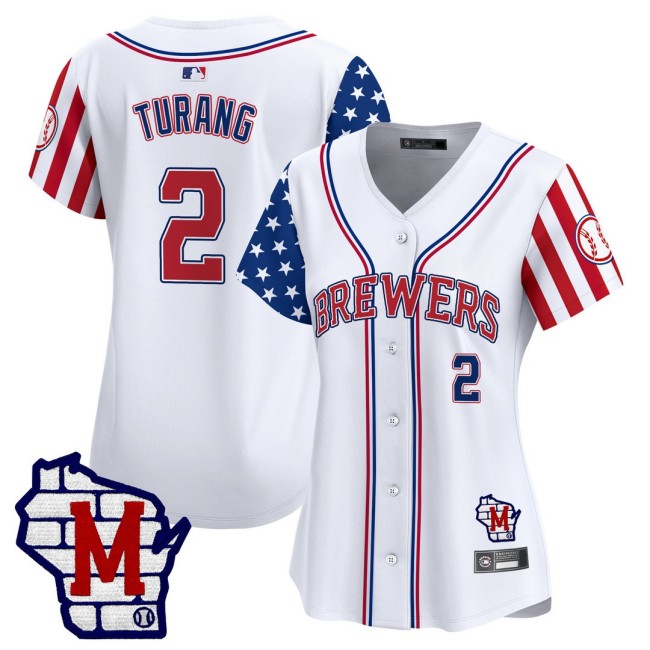 Women's MIL Brewers #2 Brice Turang Nike White 2025 Independence Day MLB Baseball Limited Jersey - All Stitched