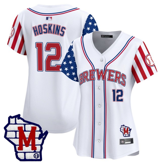 Women's MIL Brewers #12 Rhys Hoskins Nike White 2025 Independence Day MLB Baseball Limited Jersey - All Stitched