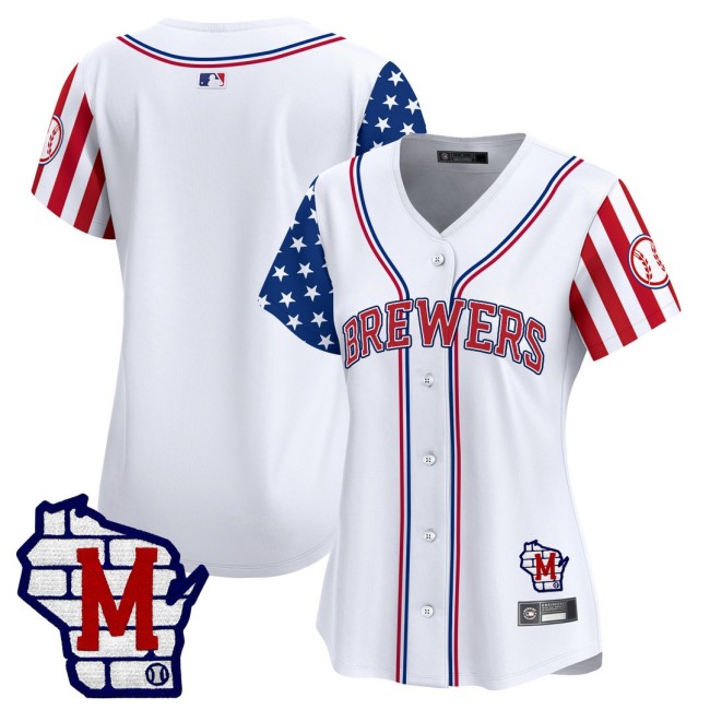 Women's MIL Brewers Team Blank Nike White 2025 Independence Day MLB Baseball Limited Jersey - All Stitched