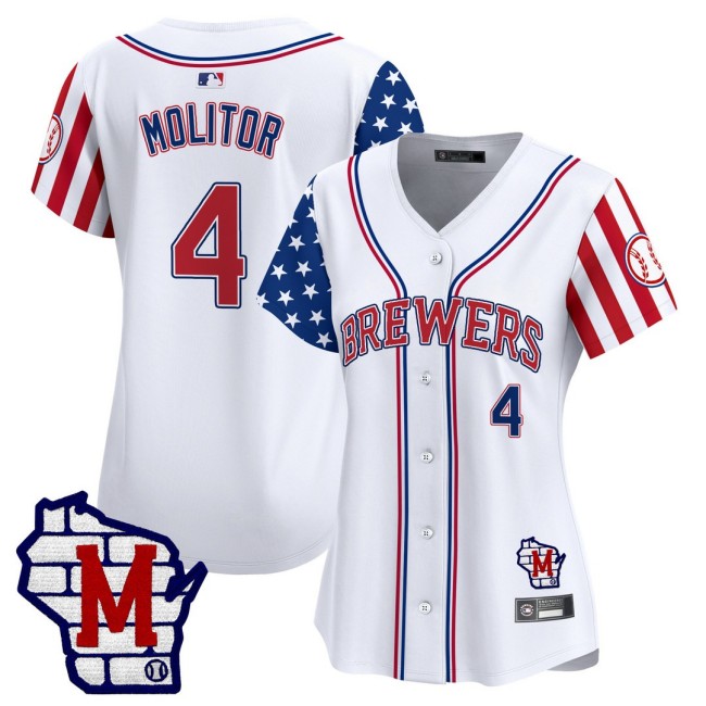 Women's MIL Brewers #4 Paul Molitor Nike White 2025 Independence Day MLB Baseball Limited Jersey - All Stitched