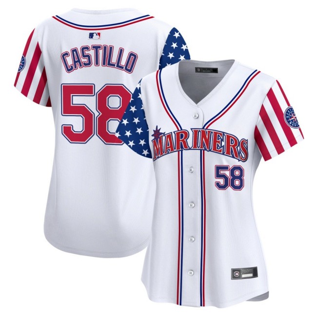 Women's SEA Mariners #58 Luis Castillo Nike White 2025 Independence Day MLB Baseball Limited Jersey - All Stitched