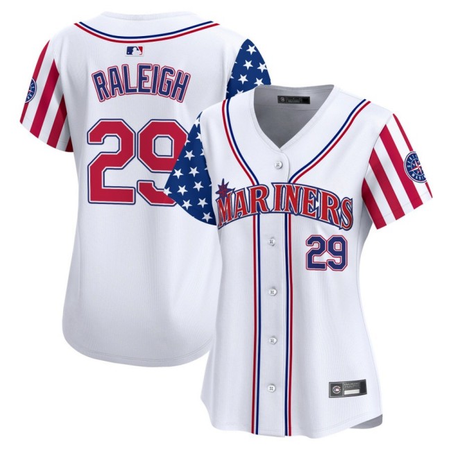 Women's SEA Mariners #29 Cal Raleigh Nike White 2025 Independence Day MLB Baseball Limited Jersey - All Stitched