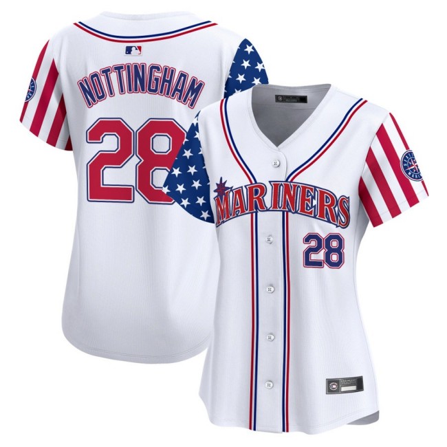 Women's SEA Mariners #28 Jacob Nottingham Nike White 2025 Independence Day MLB Baseball Limited Jersey - All Stitched