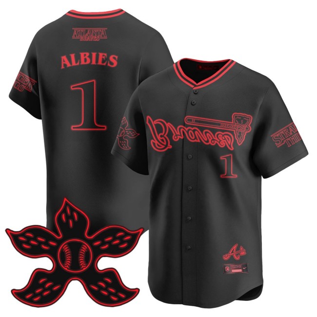 Men's Braves Stranger Things #1 Ozzie Albies Black 2025 Nike Limited Baseball Jersey - All Stitched