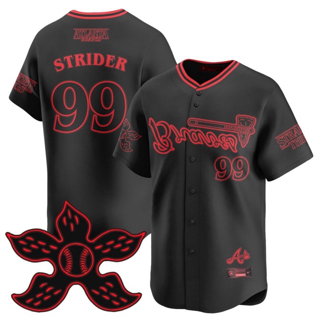 Men's Braves Stranger Things #99 Spencer Strider Black 2025 Nike Limited Baseball Jersey - All Stitched