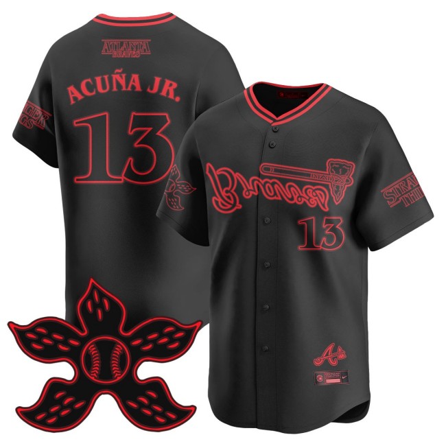 Men's Braves Stranger Things #13 Ronald Acuna Jr. Black 2025 Nike Limited Baseball Jersey - All Stitched