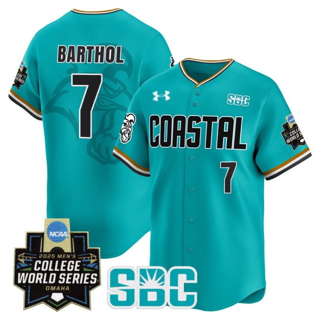 Men's Coastal Carolina Chanticleers #7 Blake Barthol Omaha Revival 2025 NCAA MCWS Baseball Limited Jersey Teal - All Stitched
