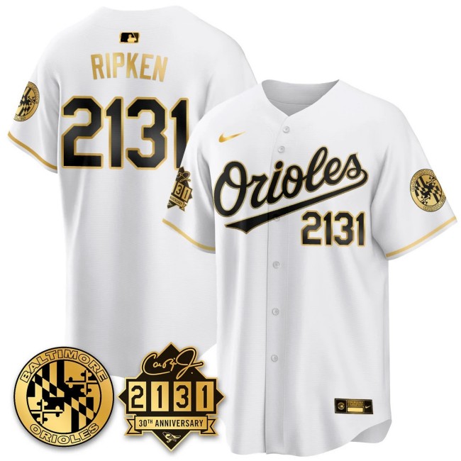 Men's Baltimore Orioles Cal Ripken Nike '30th of 2131 MLB Limited Jersey White GOLD - All Stitched