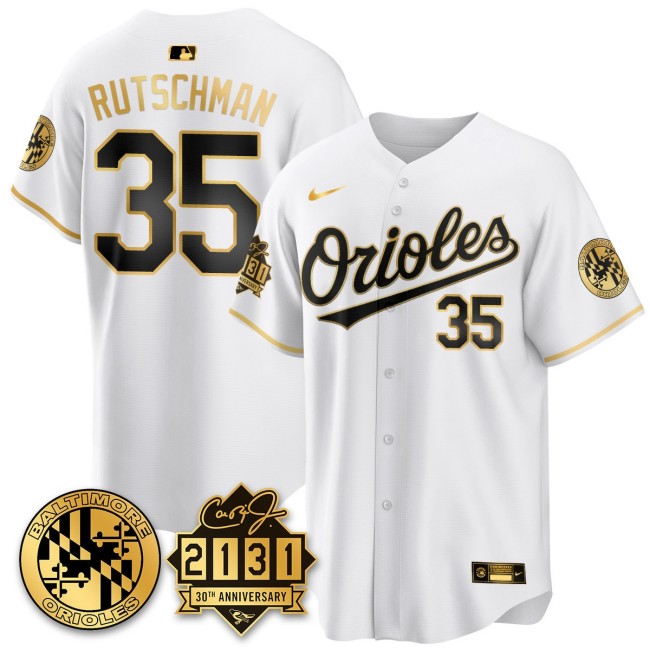Men's Baltimore Orioles #35 Adley Rutschman Nike '30th of 2131 MLB Limited Jersey White GOLD - All Stitched