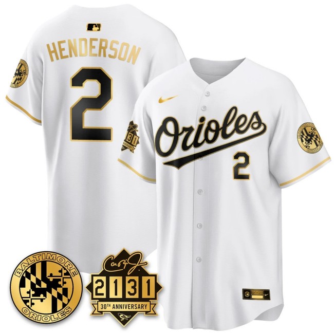 Men's Baltimore Orioles #2 Gunnar Henderson Nike '30th of 2131 MLB Limited Jersey White GOLD - All Stitched