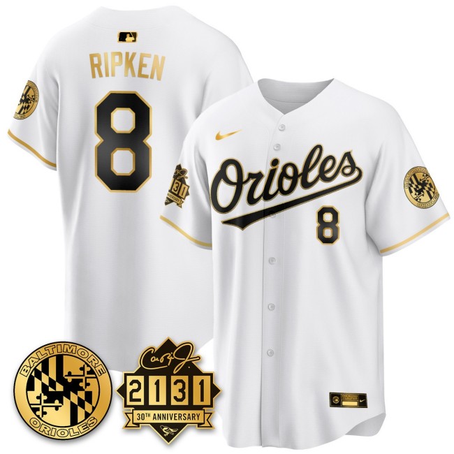Men's Baltimore Orioles #8 Cal Ripken Nike '30th of 2131 MLB Limited Jersey White GOLD - All Stitched