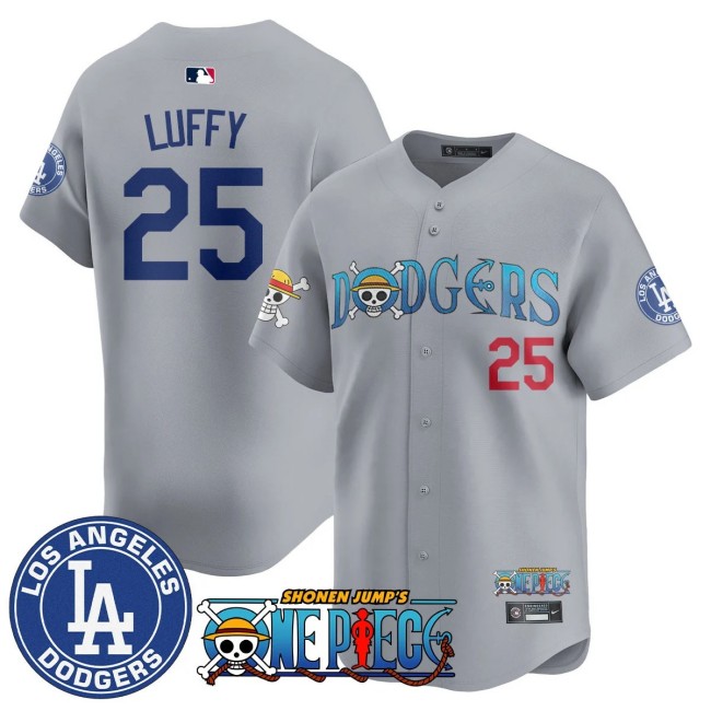 LA Dodgers x ONE PIECE 25th Luffy Nike 2025 MLB Limited Stitched Jersey Grey