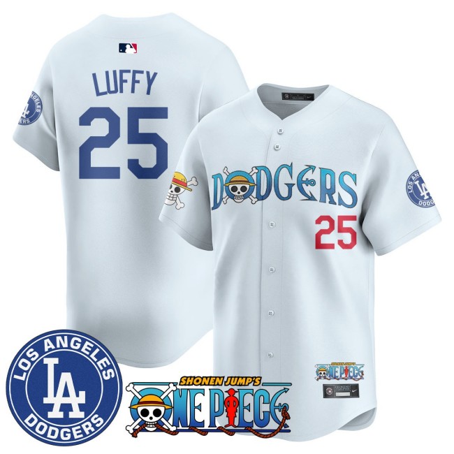 LA Dodgers x ONE PIECE 25th Luffy Nike 2025 MLB Limited Stitched Jersey White